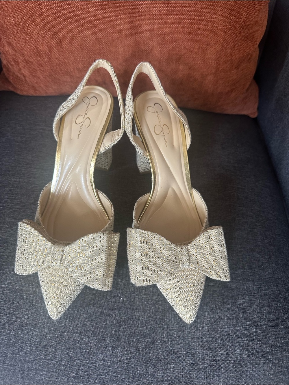 Jessica Simpson Glitter Bow Pointed Slingback Heels - Gold